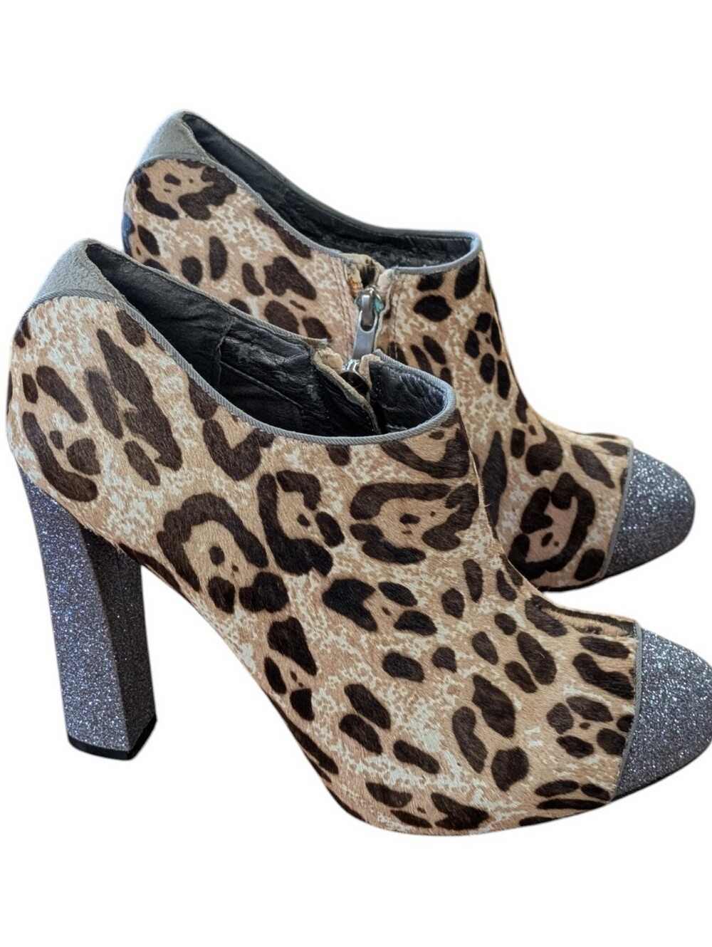 Sam Edelman Leopard Print Pony Hair High Heel Glitter Ankle Boot Size 8 - Picture 2 of 11